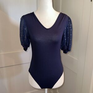 Junior’s Navy Blue Bodysuit Puff Sleeve Polka Dot Size Medium